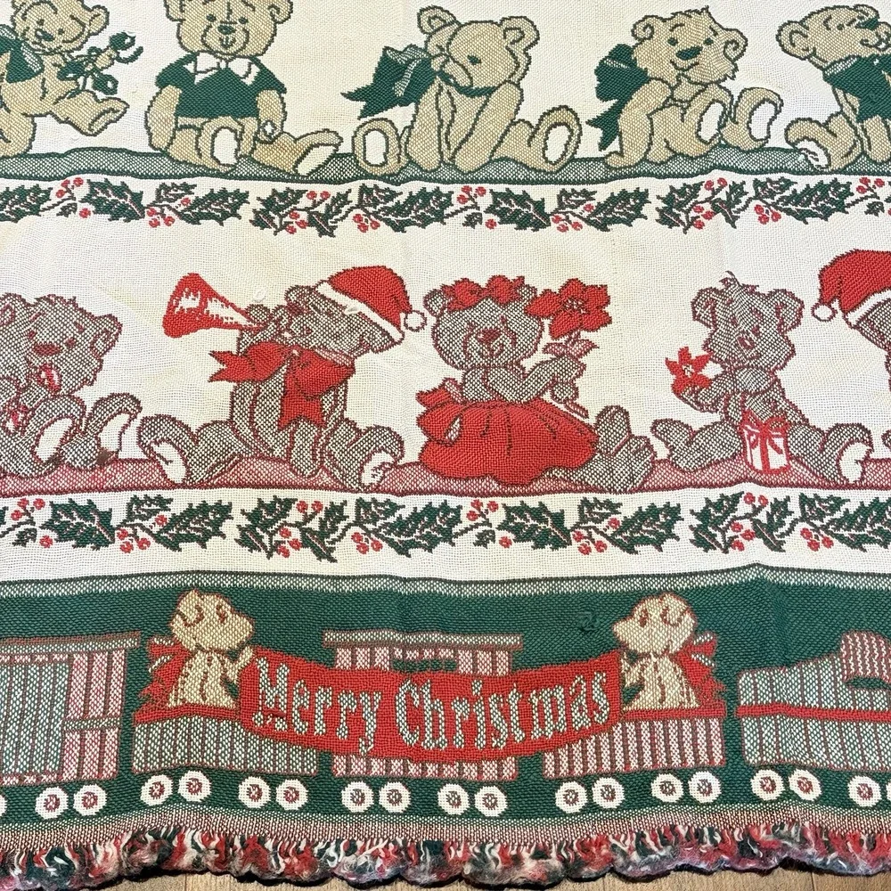 VTG Christmas Teddy Bear Train Woven Throw Blanket 49x56 Fringe Holiday Decor